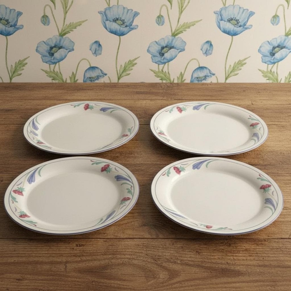Lenox Chinastone Poppies On Blue Luncheon Plates, Set Of 4, Vintage Dinnerware